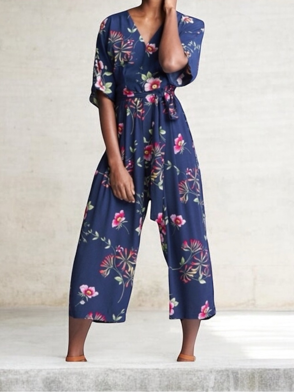 Gap Navy Floral Botanical V Neck Short Sleeve Cropped Length Belted Jumpsuit 8